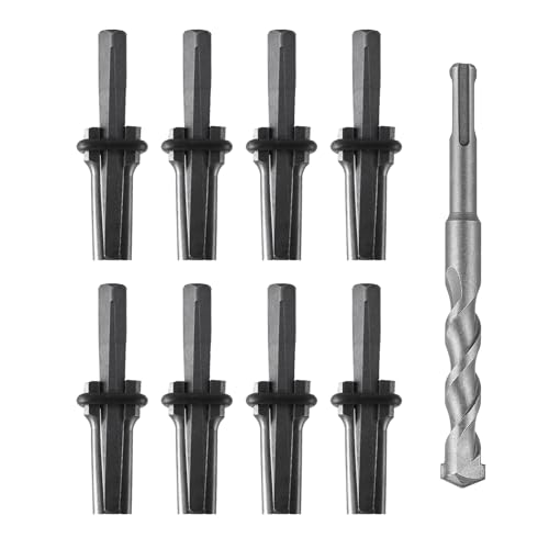 FLKQC 8pcs Rock Splitting Wedges and 1pcs Rotary Hammer Drill Bit 5/8 Plug Wedges and Feather Shims Stone Splitter Tools for Concretes Granites Boulders Volcanic Rocks Limestone Rocks