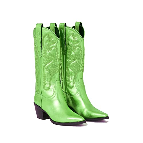 keleimusi Women's Embroidered Metallic Cowboy Boots Western Wide Calf Cowgirl Boots Pull-On Pointed Toe Mid Heel Retro Fashion Boots2