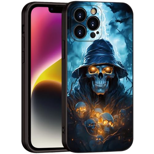 Printed with Skull for iPhone 15 pro max case, Printed with a Skeleton Pattern bathed in Lightning, The Silicone Shockproof case Makes Your Phone Look Cool(A1-Skull-Death God Skeleton)