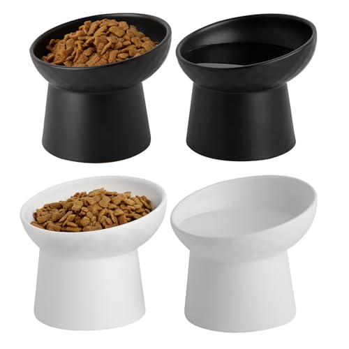 KITCHENLESTAR Elevated Cat Bowls, 15° Tilted Ceramic Raised Cat Food and Water Bowl Set, Whisker-Friendly Porcelain Pet Feeder Dishes for Indoor Cats and Small Dogs,Black & White Mixed,5.2 Inch,4 Pack by KITCHENLESTAR - Used condition - US$30.35
