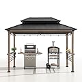 Sunjoy Wooden Grill Gazebo with AC Power Port, 8 x 12 ft. Steel Hardtop Outdoor Gazebo for Year-Round Grilling, Cedar Framed Gazebo with Built-in Electrical Outlets and Decorative Fence, Brown
