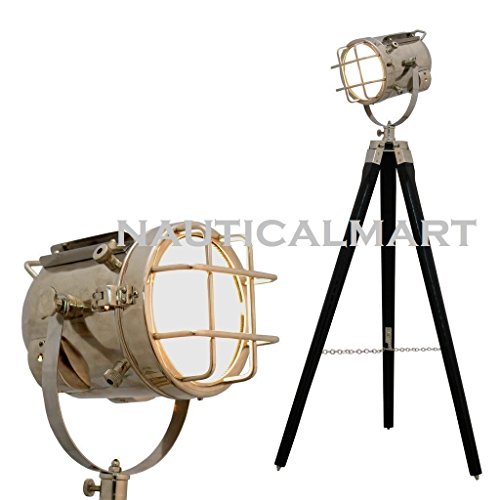 NAUTICALMART Thor Studio Antique Marine Nautical Spotlight Hollywood Floor Lamp Wooden Tripod Brown by Nautical.Mart