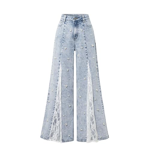 Women's High Waist Straight Jeans Pearl Loose Wide Leg 2025 Casual Light Blue Lace Jeans for Women