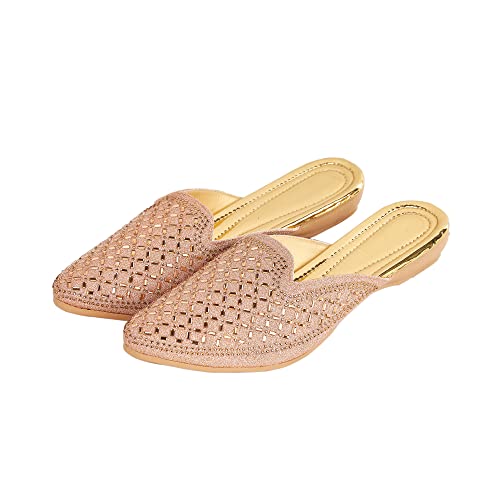 Image of Bellies for Women |Slip on Juttis Soft Padded |Stonework Mules for Ladies| Sparkling Upper |Back Open Casual Flats| Stylish Footwear Sandals for Ladies|Punjabi Mojari Half Shoes