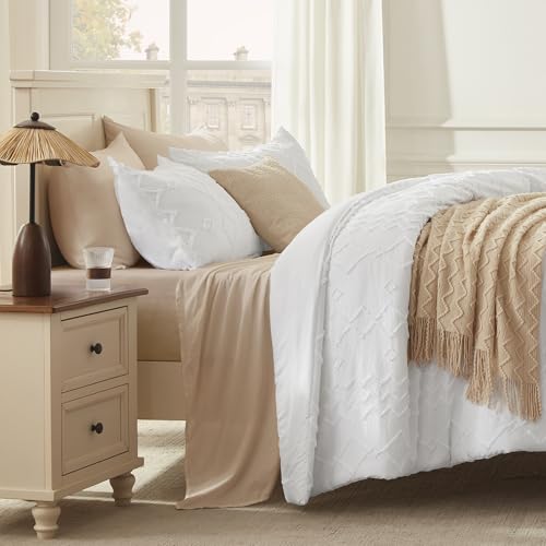 Image of Andency White Tufted Comforter Set King(104x90Inch), 3 Pieces(1 Tufts Comforter, 2 Pillowcases) Boho Textured Farmhouse Bed, Down Alternative Geometric Bedding Set