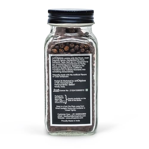 Image of ArtOspices Whole Black Pepper (Kali Mirch) 80g | Idukki Spices | Bold Black Peppercorns | Fresh Aromatic -Kerala | 100% Natural Sun-Dried | Premium Glass Jar