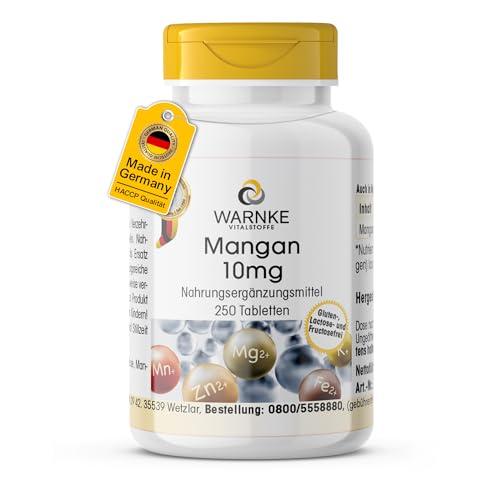 Mangan 10mg - 250 Tabletten - schluckfreundlich - 10mg Mangan pro Tablette - Mangangluconat - HOCHDOSIERT - Deutsche Apothekenqualität - vegan | Warnke Vitalstoffe