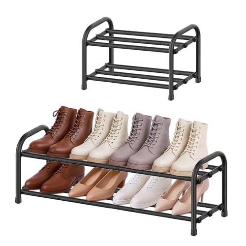 MIKVOYO Meuble à Chaussure Étroit Extensible 2 Niveaux en Métal Noir, Rangement Porte Étagère...