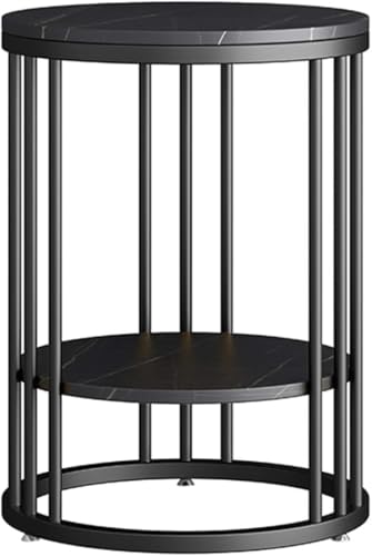 Image of 2 Tier Round Coffee Table with Black MDF Wood Top | Storage Shelf | Black Metal Frame | Centre Side End Bedside Table for Living Room Bedroom Balcony Office Home Decor Furniture