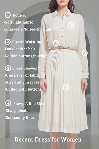 Image of Business Casual Shirt Dress for Women Long Sleeves Pleated Midi Dresses with Belt