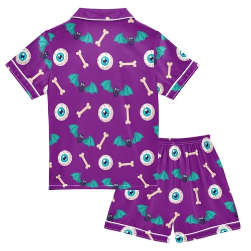 Satin Pajama Sets Short Sleeve Halloween Bats Bones Eyes Pattern Button Down Silky Nightwear 2 Piece PJS 5-14Y2