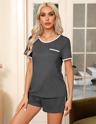 Image of Ekouaer Pajama Set for Women 2 Piece Lounge Set Short Sleeve Tops and Shorts Soft Sleepwear, Chest Pocket