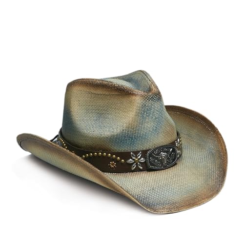 Image of YOUBADU Western Straw Cowboy and Cowgirl Hats with Decorative Bands - Unisex Wide Brim Raffia Style Sun Hat