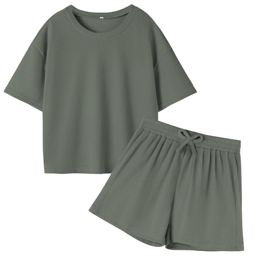 Image of DREAM BUS Girls T-Shirts and Shorts Set 2 Pieces Teen Girls Summer Matching Outfit Solid Trendy Clothes for Little Girl