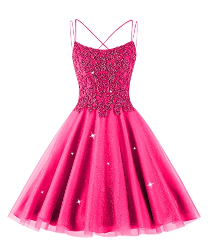 Stylefun Sparkly Tulle Homecoming Dress Short for Teens Lace Beaded Cocktail Dress for Juniors CYM084