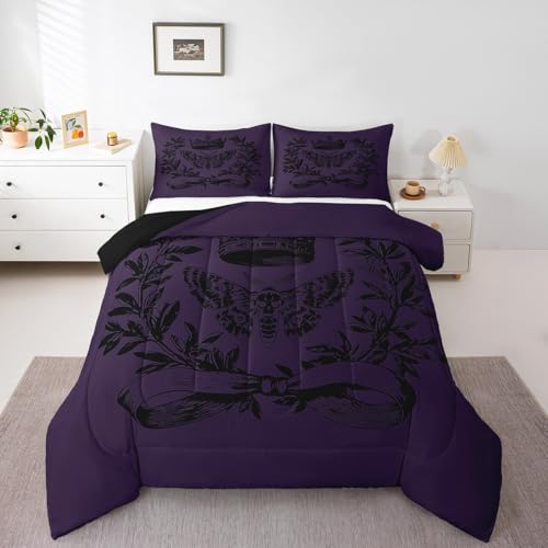 Image of Feelyou Kids Skull Set Twin Size, Black Purple Demask Bedding Set Vintage Demask for Boys Girls Floral Duvet Insert Bed Set 2Pcs