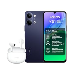 vivo Y21 5G Smartphone, 50MP Hauptkamera, 256 GB, 5200 mAh Akku, 44 W FlashCharge, 6, 74" großem Display mit Augenschutz, 120 Hz, 1.200 Nits, Handy mit Android 16, IP65, Exklusiv Buds Air3