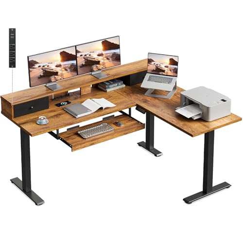 Image of Casaottima 59 Inch Electric L-Shaped Standing Desk with Drawers, Height Adjustable Stand Up Corner Desk with Monitor Stand & Keyboard Tray, Lift Table for Home Office, Workstation, Rustic Brown