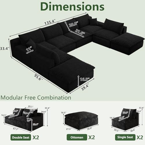 Image of 136 inch Cloud Couch Modular Sectional Sofa for Living Room, U-Shape Boneless Couch with Deep Seat, Modern Corduroy 6-Seater with Ottomans, No Assembly Required, Black