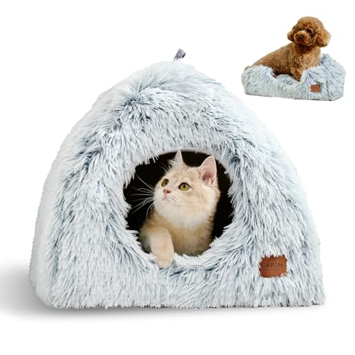 CATISM Katzenhöhle Katzenbett Katzenhaus Kuschelhöhle 45x45cm, 2 in 1 Faltbar Waschbar Bequemer Katzenschlafplatz für Katzen Kätzchen Welpen mit Abnehmbarem Katzenkopfkissen (Grau)