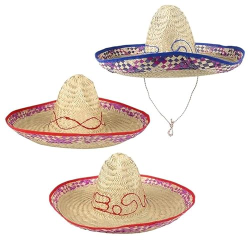 The Dreidel Company Sombrero Straw Hat Mexican Braided Fashion Straw Hat With Chinstrap and Funky Brim Border, Assorted 22.5" Adult Medium (2-Pack)
