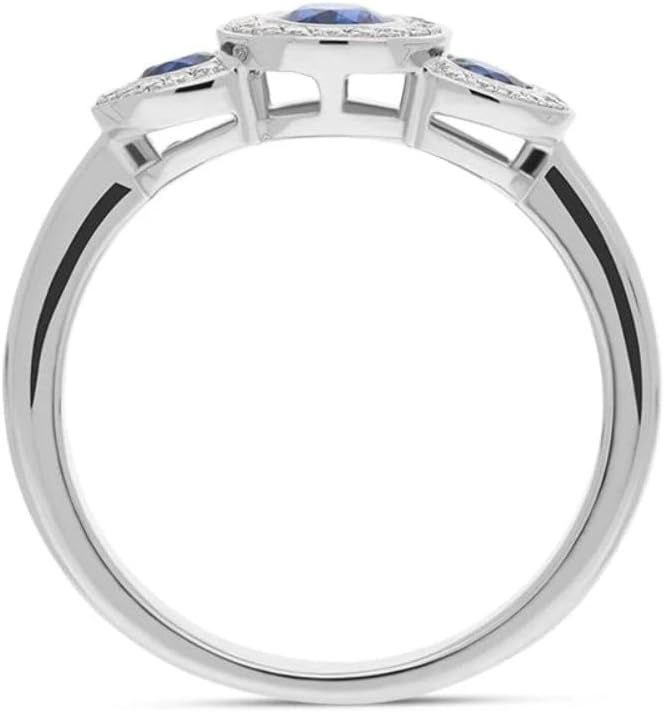 PVN Jewels White Platinum Plated Three-Stone Sapphire and Diamond Halo Ring Blue Sapphire Trilogy Engagement Ring for Women