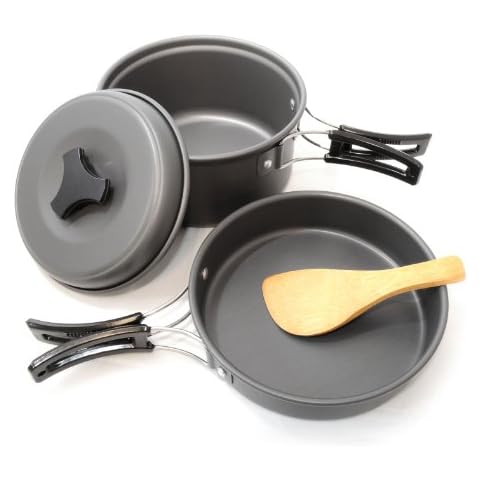 9 teiliges Camping-Geschirr aus leichtem und rostfreiem, eloxiertem Aluminium, Das Outdoor-Kochset besteht aus 9 Teilen, ideal für 1-2 Personen, Geschirr-Set ideal als Outdoorausrüstung mit praktischen Kunststoff-Haltegriffen Cover