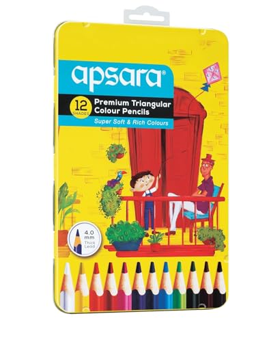 Image of Apsara Premium Colour Pencils Set of 12 Assorted Shades in Metal Tin Box | Rich Pigmented Colouring Pencils for Kids, Students & Artists | Soft Smooth Leads for Drawing, Sketching, Shading