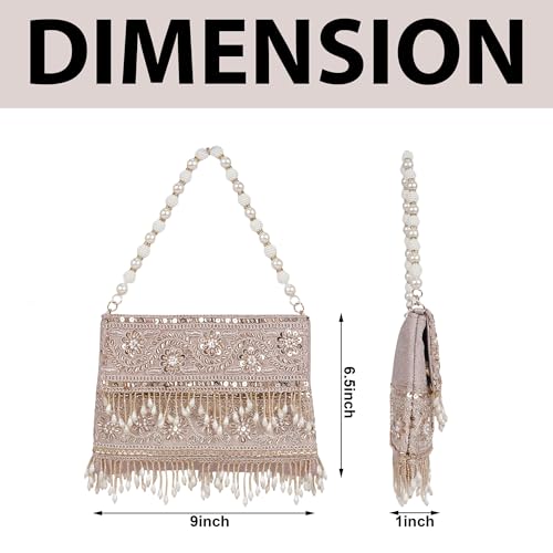Image of Nevis PU Silk Fabric Women's Embellished bride Clutch with Pearl Handle | Fancy Designe & Wedding Potli Bag for Festive & Evening