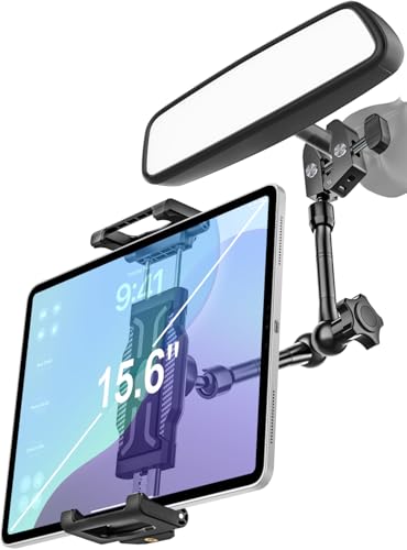 woleyi Car Rearview Mirror Tablet Holder Clip - [Metal Arm] Rear View Mirror Tablet Mount for Car Accessories with 360 Rotatable and Retractable for iPad Pro 13 Air Mini, Galaxy, Fire, 6-15.6' Devices