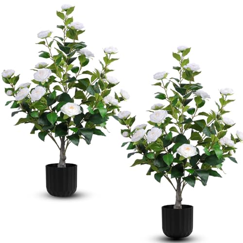Hananona 2 Pcs Artificial Camellia Trees Faux Camellia Plant in Pot with Flowers Indoor Plants for Spring Home Decor Outdoor Porch Front Door Decor (White, M)