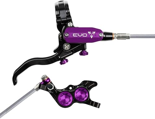 Hope EVO GR4 Disc Brake and Lever Set - Right Hand, 4-Piston Hydraulic Brake with Braided Hose, Post Mount, DOT Fluid, Adjustable Reach & Contact Point, Aluminum Construction, Black/Purple for