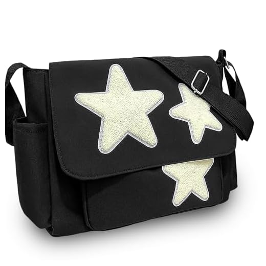YILCER Linda bolsa de mão feminina, bolsa transversal de lona estética Y2k Star Hobo bolsa de ombro Kawaii bolsa carteiro com zíper, Lona preta