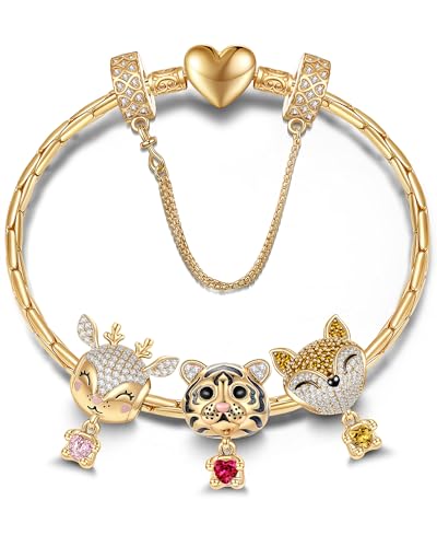 GONA Sterling Silver Charms Bracelet Set S925 Animals Cute Reindeer Tiger Clever Fox Tarnish-Resistant Jewelry Heartful Hugs Collection With Enamel In 14K Gold Plated for Granddaughter Women
