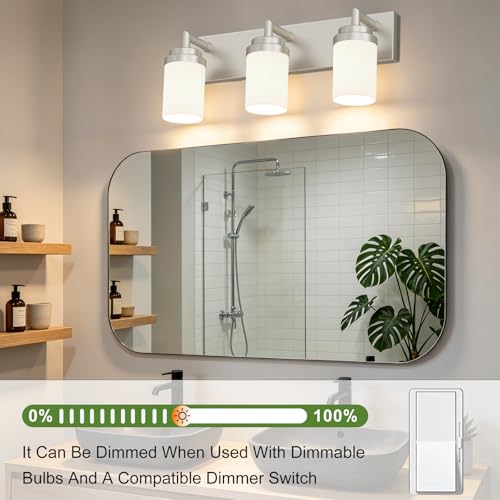 Image of Bathroom Light Fixtures, Brushed Nickel Bathroom Lighting Fixtures Over Mirror, Modern Vanity Light with White Glass Shade, Restroom Lighting Fixtures, 3-Light 22-inch