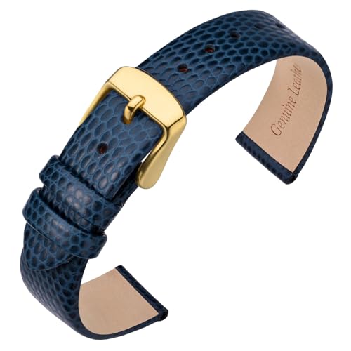 Image of ANNEFIT Ladies Watch Straps 15mm with Gold Buckle, Lizard Grain Leather Replacement Band for Women (Blue)