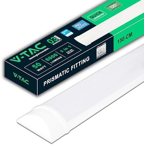 V-TAC Plafoniera LED Lineare da Soffitto 150 cm - [ CCT 3 in 1 - REGOLATORE LUCE CALDA, NEUTRA, FREDDA] - 50W - Lampada Rettangolare 6000 Lumen IP20 per Parete, Garage, Magazzino, Ufficio
