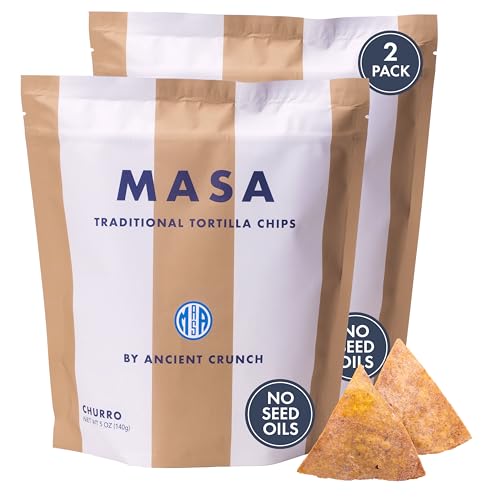 MASA Tortilla Chips Snack Pack - Seed Oil Free Snacks, Organic Chips Tortilla - Gluten & Dairy Free, Naturally Grown Corn Chip - Made with Grass Fed Tallow & Sea Salt (2 Pack, 5oz Each - Churro)