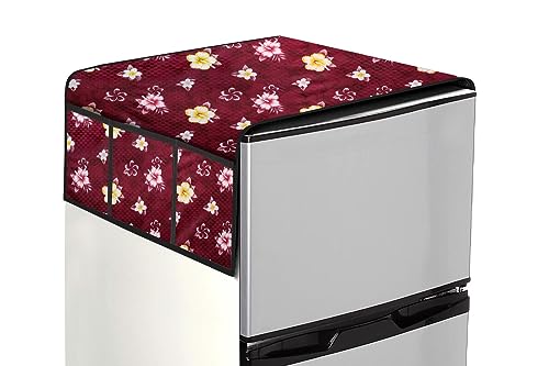 Image of The Furnishing Tree Fridge Top Cover Compatible for Samsung RR23C2F249U /HL, 215 LTR WxL 71x109 in CM Floral Pattern Red