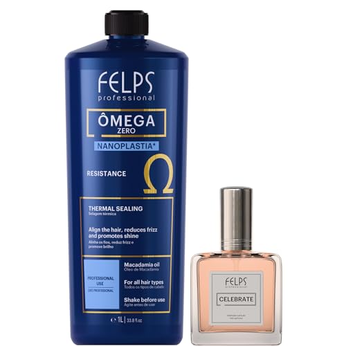 Felps Professional Omega Zero Hair Treatment Kit, Thermal Sealing Nanoplastia with Macadamia Oil, 33.8 fl oz, and Celebrate Hair Perfume, 25mL, Blueberry Fragrance