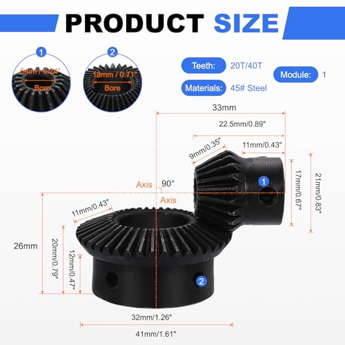 Image of uxcell 2Pcs Tapered Bevel Gears Set, 1 Mod 1:2 (20T /40T) Harden Steel Straight Bevel Gear, 90 Degree Steering Motor Gears, (6mm /18mm Shaft Hole with Keyway)