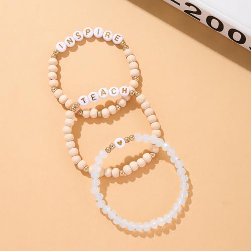 tenghong2021 Acrylic Bead Elastic Rope Beaded Bracelet for Women Handmade Wood Beaded Teacher Appreciation Strand Bracelets Teach Inspire Beaded Teacher Bracelets for Women Gifts Jewelry - Image 5
