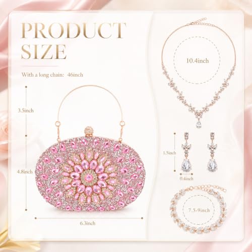 Image of Quelay 4 Pcs Purse Rhinestone Jewelry Set for Wedding Bridal Women Evening Clutch Bag Necklace Dangle Earrings Bracelets