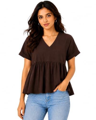 Image of Women's Black Button-Front Peplum Top - Short Sleeve V-Neck Casual Blouse, Lightweight Rayon Cotton, Everyday Wear, Summer & Work Outfit