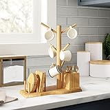 WELLAND Bamboo Mug Tree Multifunctional Mug Holder Tableware Storage Rack Removable Mug Stand with 6 Storage Hooks 1 Bamboo Utensil Holder, 2 Round Bamboo Coaster and 2 Square Bamboo Coaster