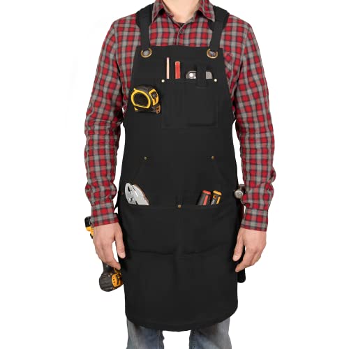 PD Canvas Holzbearbeitungswerkzeug Schürze mit Schulterpolstern, Kreuzrücken, 9 Werkzeugtaschen | Ladenschürze für Tischler, Männer, Lederschweißen, Schwarz , One size Cover