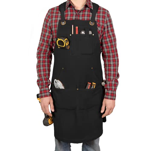 PD Carpenters Apron with Shoulder Pads, Waxed Canvas Apron with Cross-Back Straps and 9 Multifunctional Pockets, Work Apron for Men, Leather Welding, Durable and Water Resistant Workshop Apron (Black)