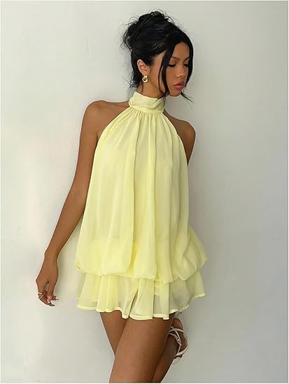Women's Chiffon Halter Drop Waist Wedding Guest Dresses Ruffle Summer Mini Dress Brunch Outfits - Image 7