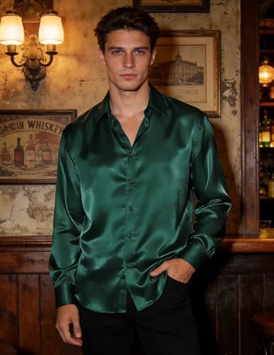 Image of Hi-Tie Men's Silk Satin Dress Shirts Long Sleeve Shiny Casual Button Up Shirts Luxury Party Disco Prom Wedding Shirt