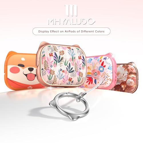 Image of for AirPods Pro 2 Case with Cleaning Kit, Cute Cat Ear Print Design & Cute Buckle for Girls, Phone Holder & Top Safe Lock Buckle Design for AirPods Pro 2nd /1st Gen case, Rose Gold Leaves